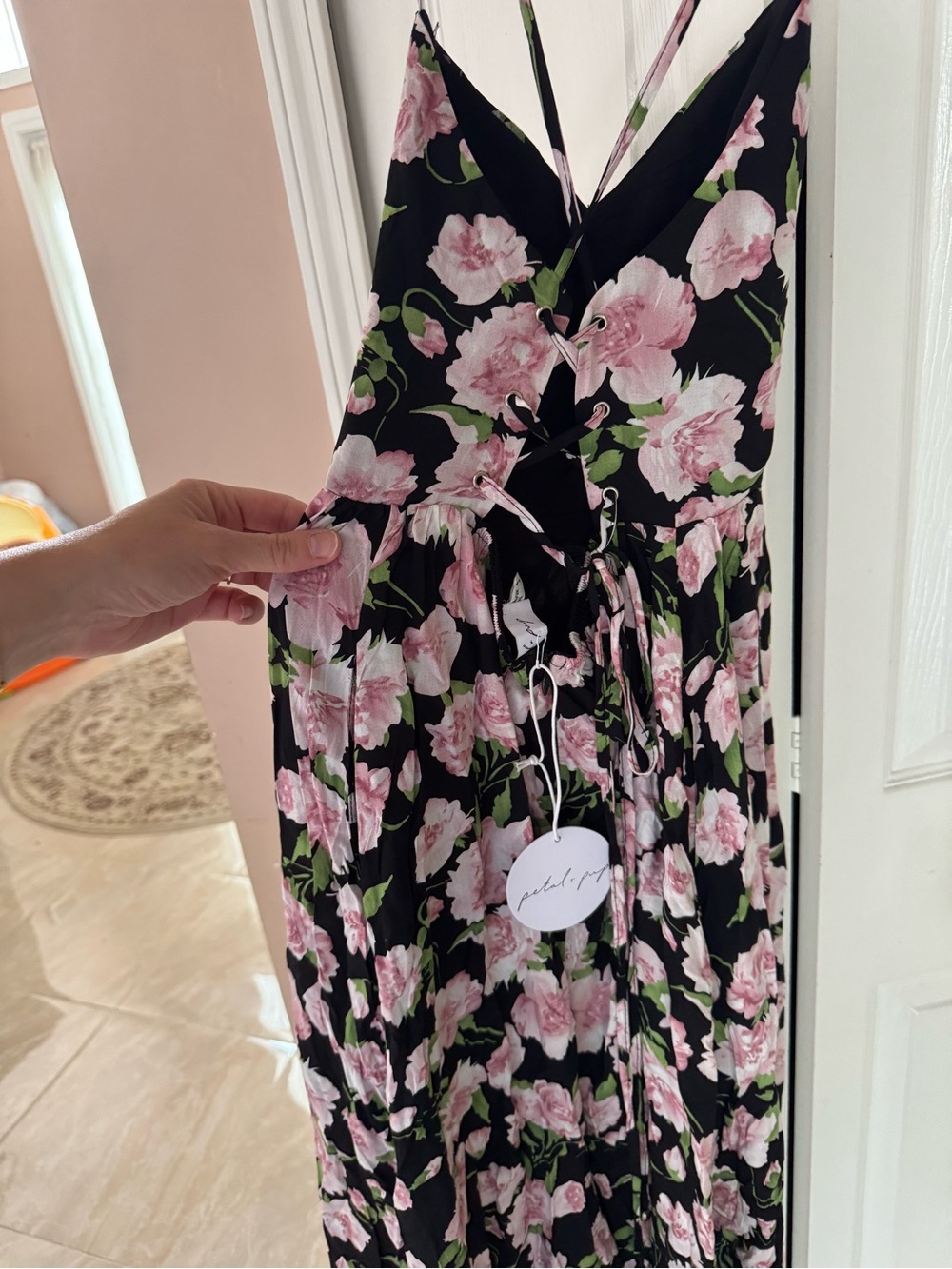Petal & Pup Black Midi Dress with Pink Floral Print